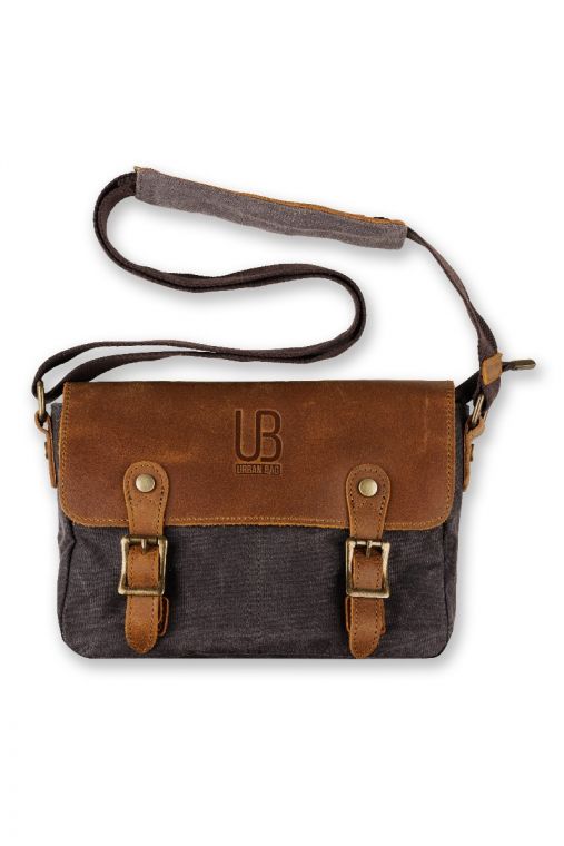 Geanta pentru femei din piele naturala crazy horse si material textil cerat Siena - Gri