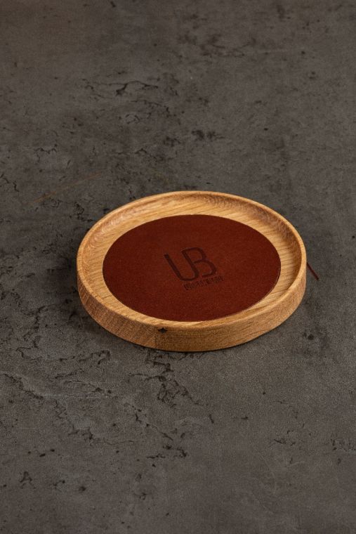 Coaster URBAN BAG din lemn masiv de nuc si piele naturala - Rotund