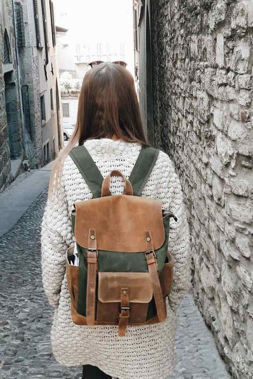 Rucsac din piele naturala si material textil cerat URBAN BAG Memphis – Verde