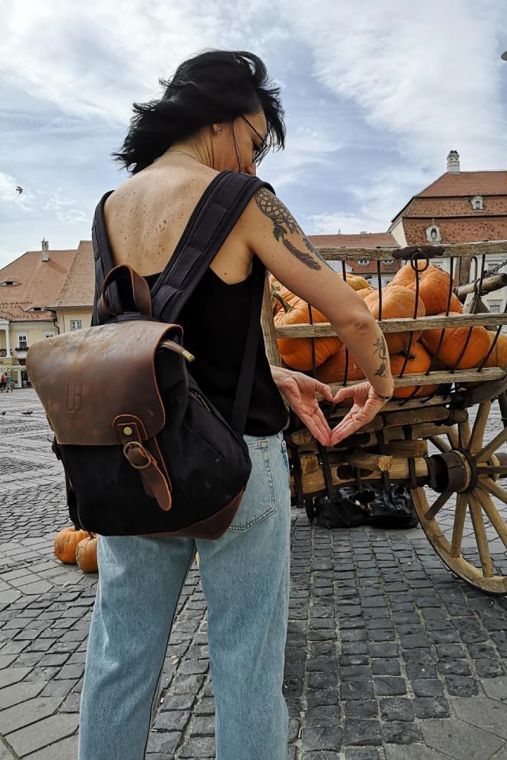 Rucsac din piele naturala si material textil cerat URBAN BAG Osaka